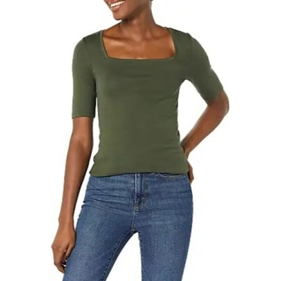 Amazon Essentials Olive Green Square Neck Short Sleeve Blouse M - Picture 1 of 5